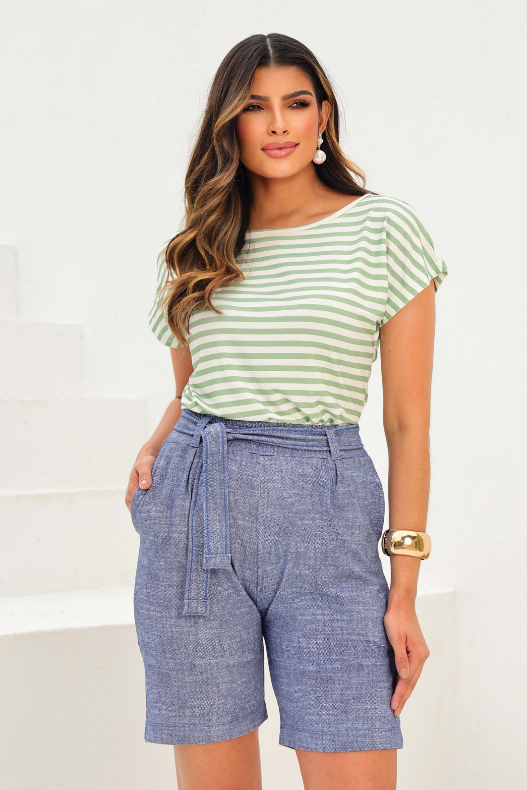 BLUSA OMBRO A OMBRO - LISTRADA VERDE