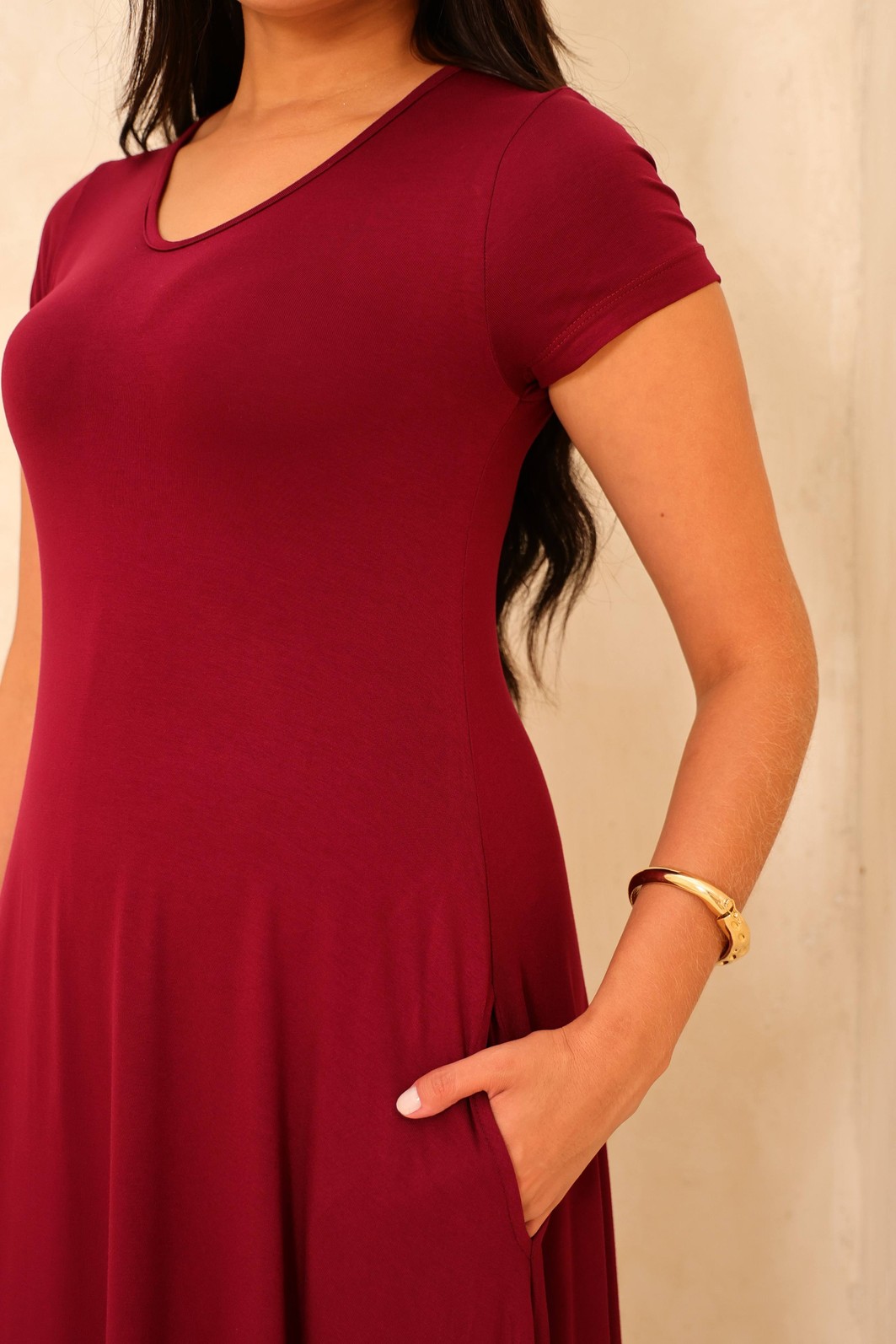 VESTIDO LONGO COM MANGA - BORDÔ