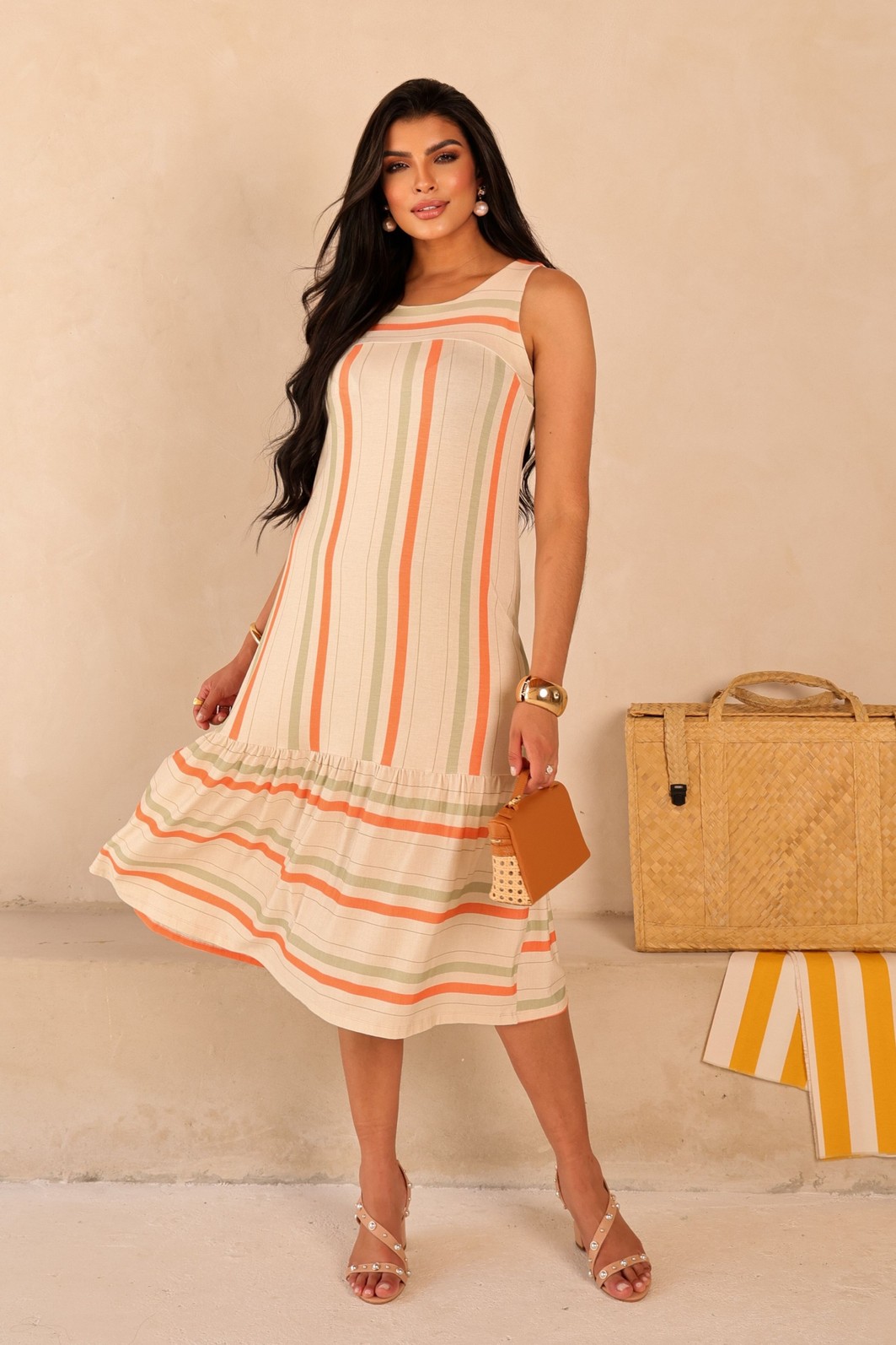 VESTIDO BARRA FRANZIDA MIDI - ESTAMPA LISTRADA VESTIDO BARRA FRANZIDA MIDI - ESTAMPA LISTRADA