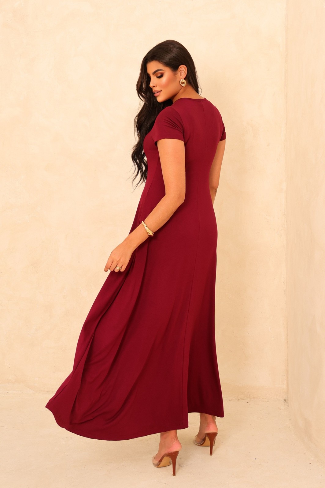 VESTIDO LONGO COM MANGA - BORDÔ