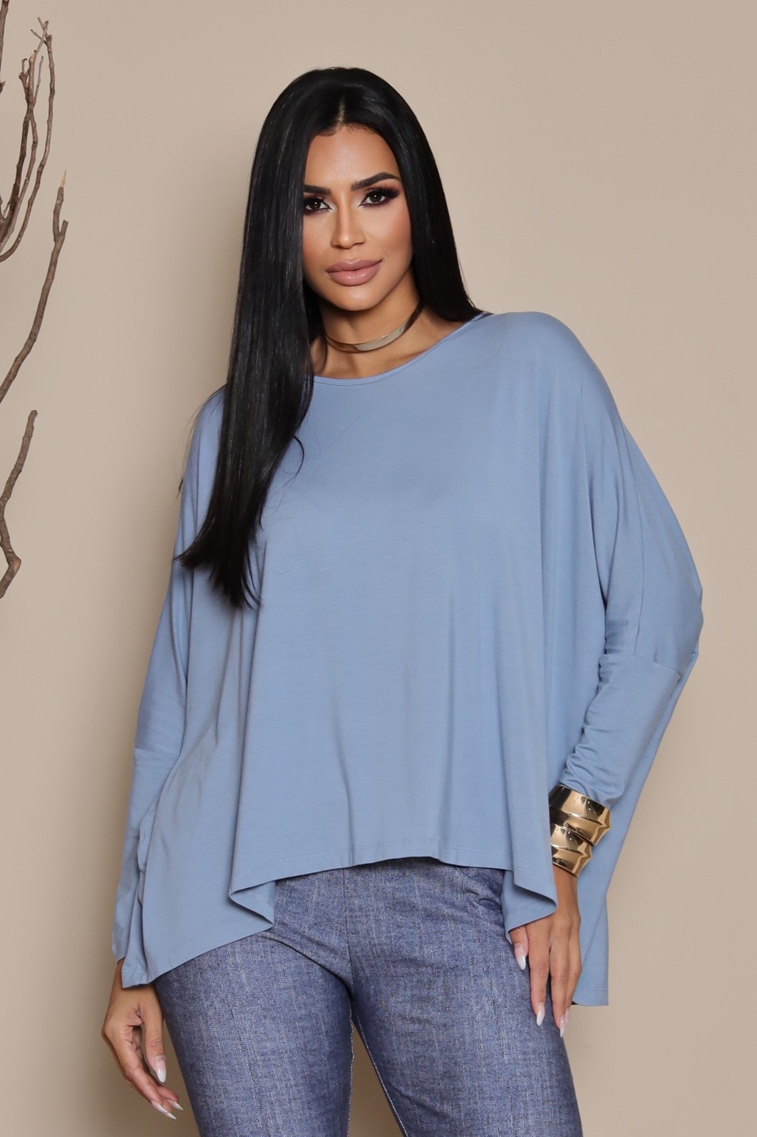 BLUSA MORCEGO MANGA LONGA - AZUL JEANS BLUSA MORCEGO MANGA LONGA - AZUL JEANS