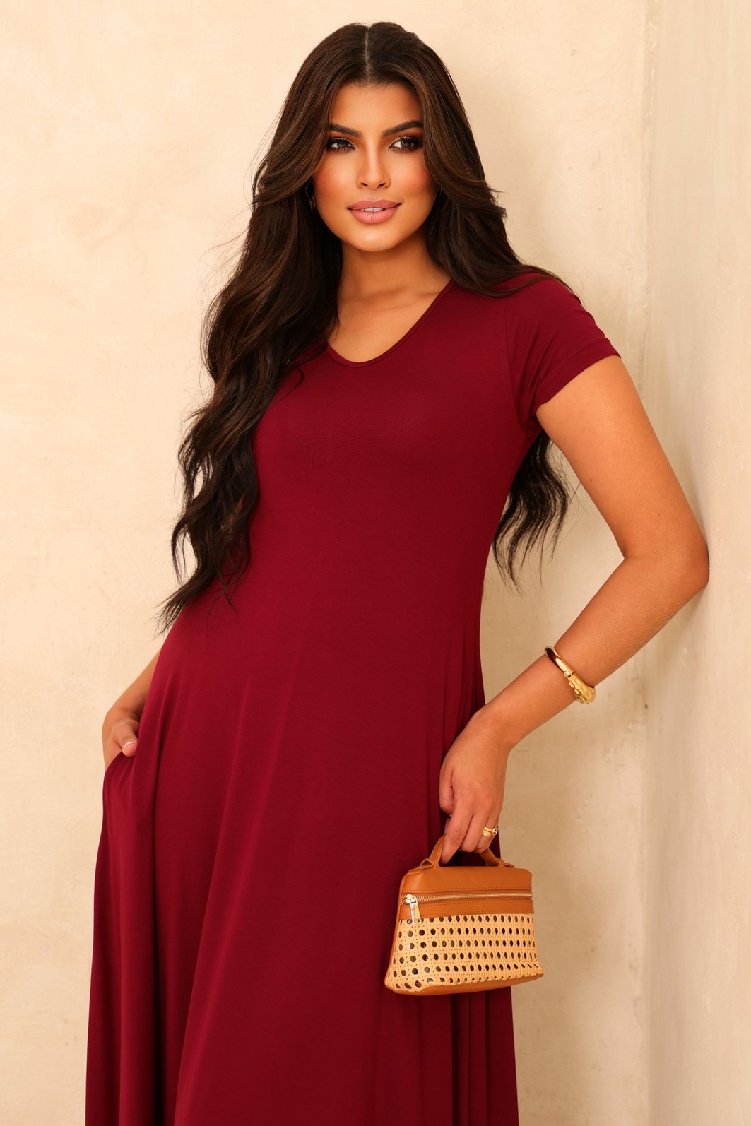 VESTIDO LONGO COM MANGA - BORDÔ