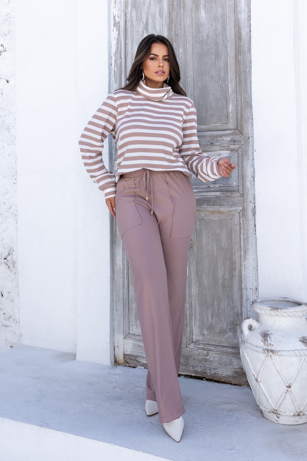 BLUSA TRICÔ - LISTRADA CAQUI