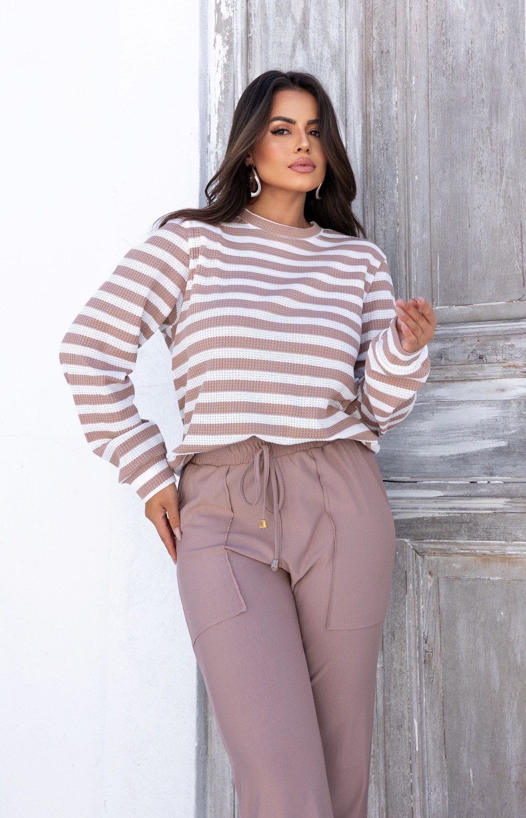 BLUSA TRICÔ - LISTRADA CAQUI