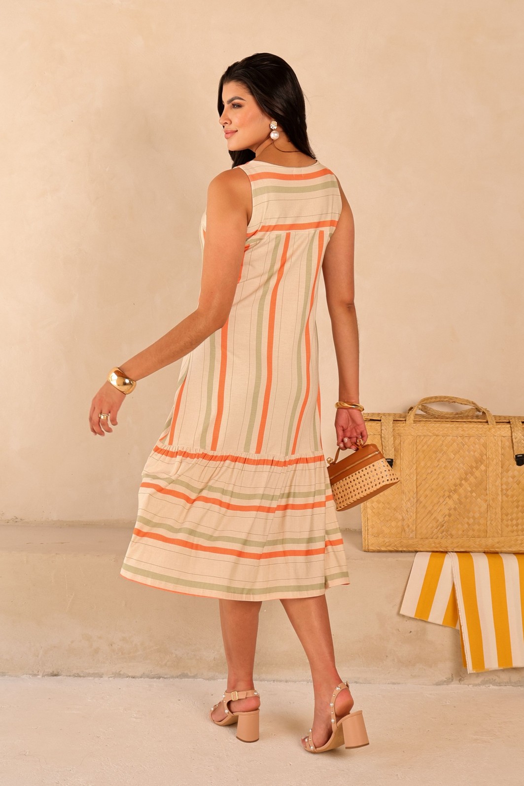 VESTIDO BARRA FRANZIDA MIDI - ESTAMPA LISTRADA VESTIDO BARRA FRANZIDA MIDI - ESTAMPA LISTRADA