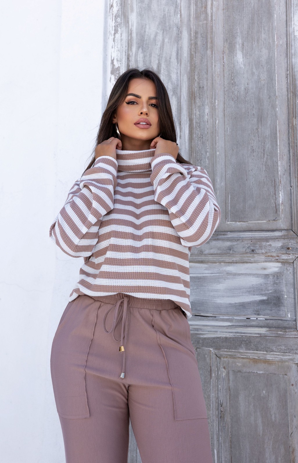 BLUSA TRICÔ - LISTRADA CAQUI