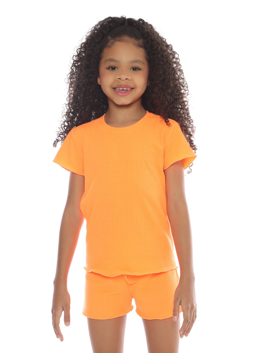 CONJUNTO MENINA BLUSA E SHORTS LARANJA NEON CONJUNTO MENINA BLUSA E SHORTS LARANJA NEON