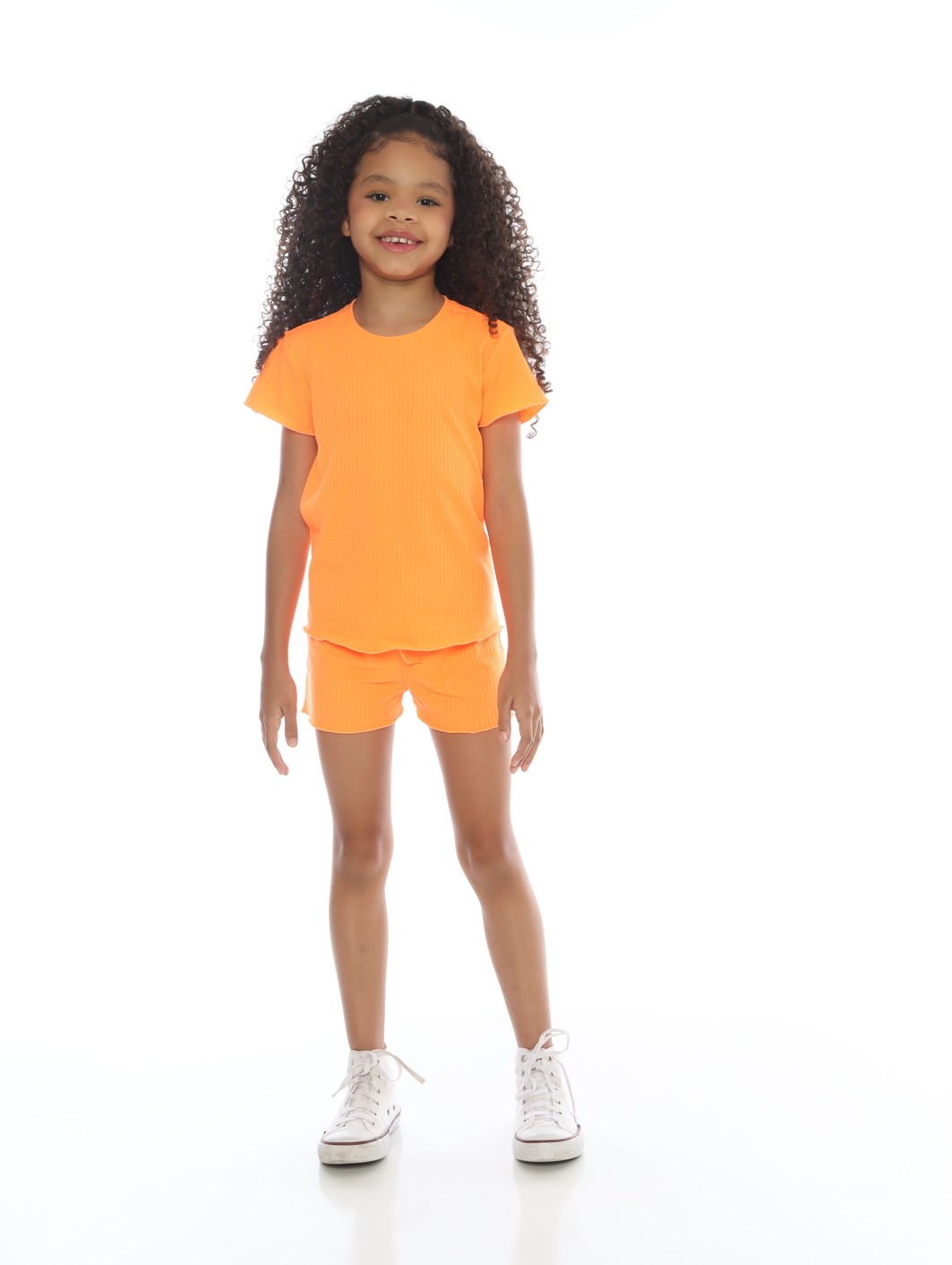 CONJUNTO MENINA BLUSA E SHORTS LARANJA NEON CONJUNTO MENINA BLUSA E SHORTS LARANJA NEON