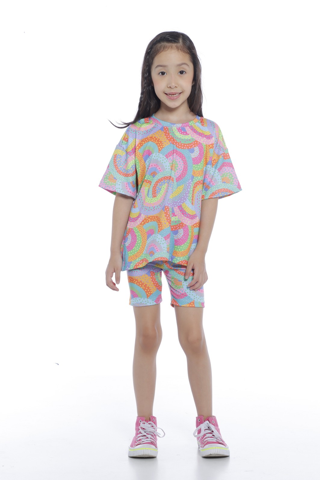 CONJUNTO MENINA CAMISETA E BIKER CORES