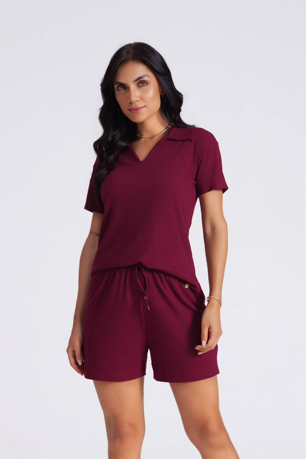 CONJUNTO FEMININO MEIA MANGA COM SHORTS MALHA CANELADA