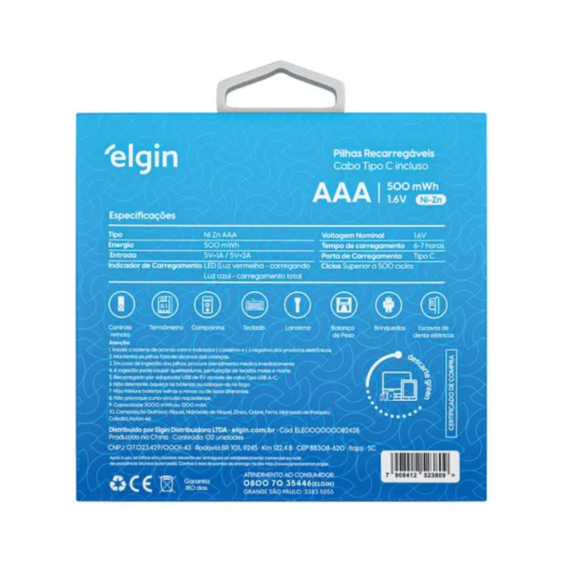 PILHA AAA RECARREGAVEL TIPO C - 2UN - ELGIN