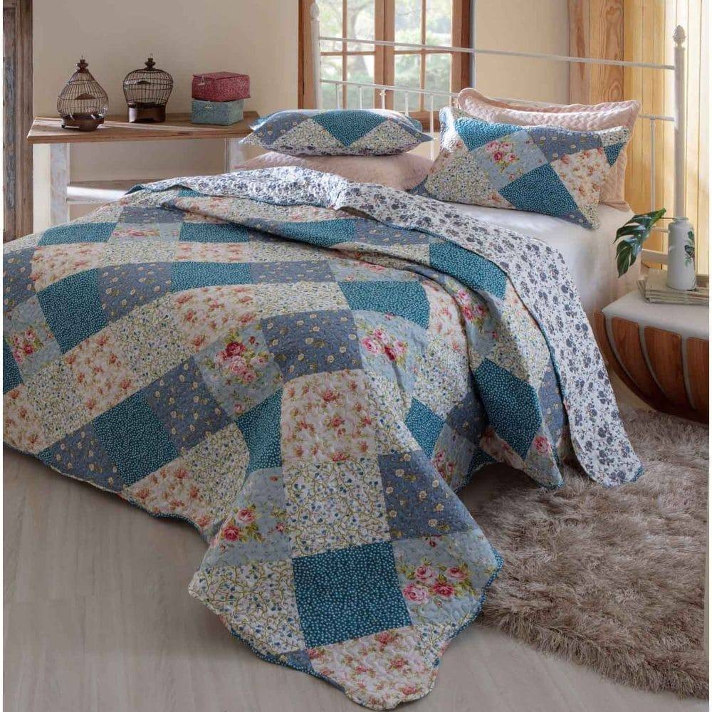 Kit 1 Cobre-leito Queen Bouti Microfibra Ultrasonic Estampada 2,40 x 2,60m + 2 Porta-travesseiros - Hanna