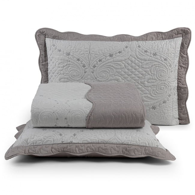 Kit Colcha Cobre Leito Casal Microfibra Dupla face com Porta-travesseiros Arabesque Cinza