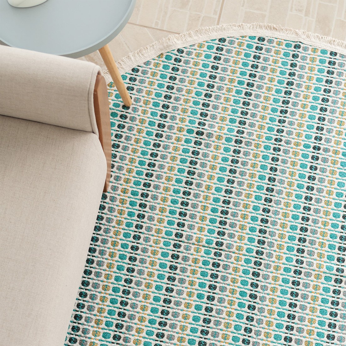 Tapete Redondo para Sala 1,50m de Algodão Contemporâneo Indiano Turquesa 