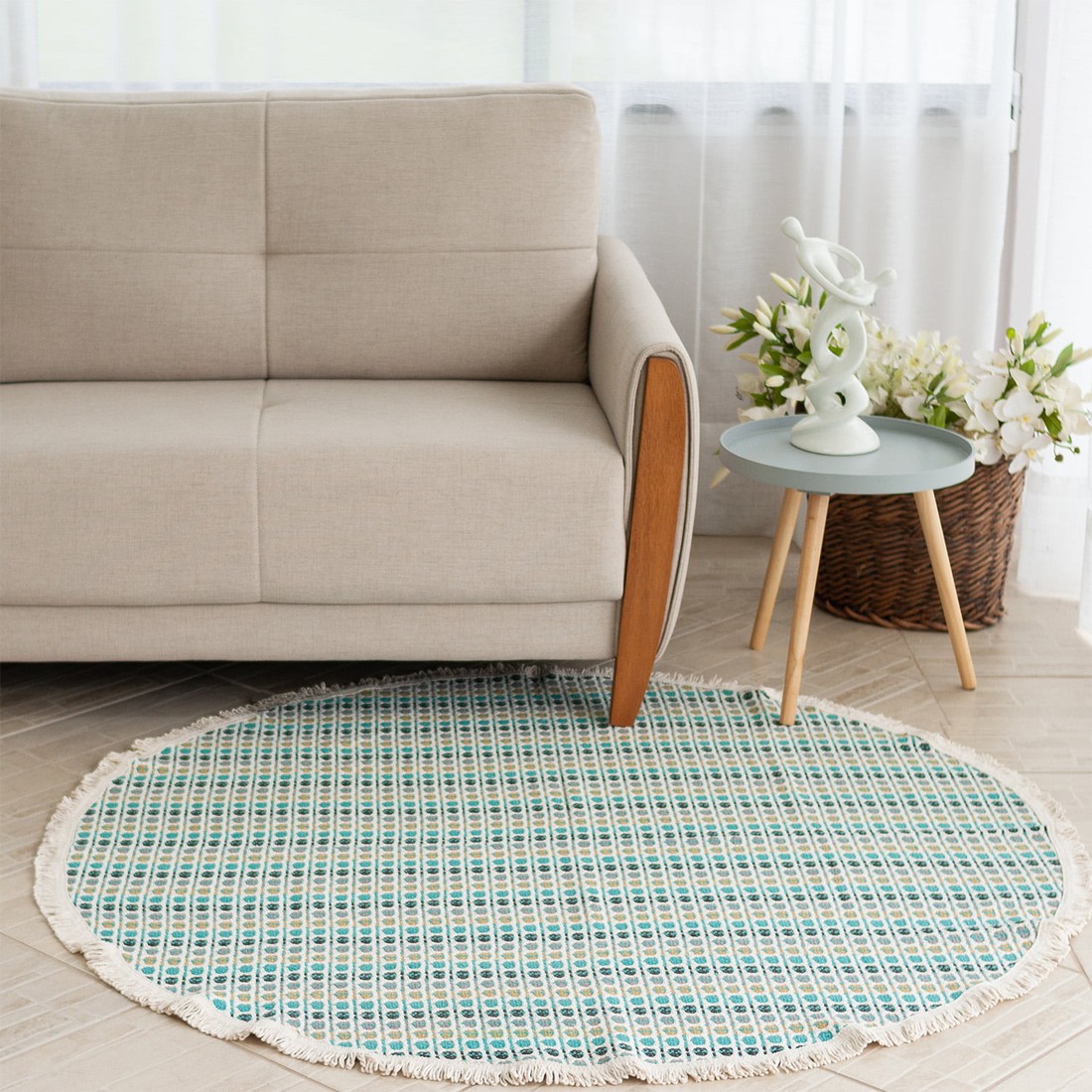 Tapete Redondo para Sala 1,50m de Algodão Contemporâneo Indiano Turquesa 