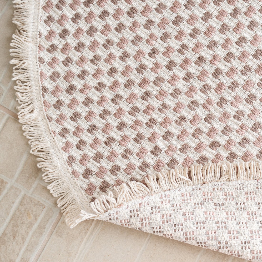 Tapete Redondo para Sala 1,50m de Algodão Contemporâneo Pilão Taupe com Bege Tapete Redondo para Sala 1,50m de Algodão Contemporâneo Pilão Taupe com Bege