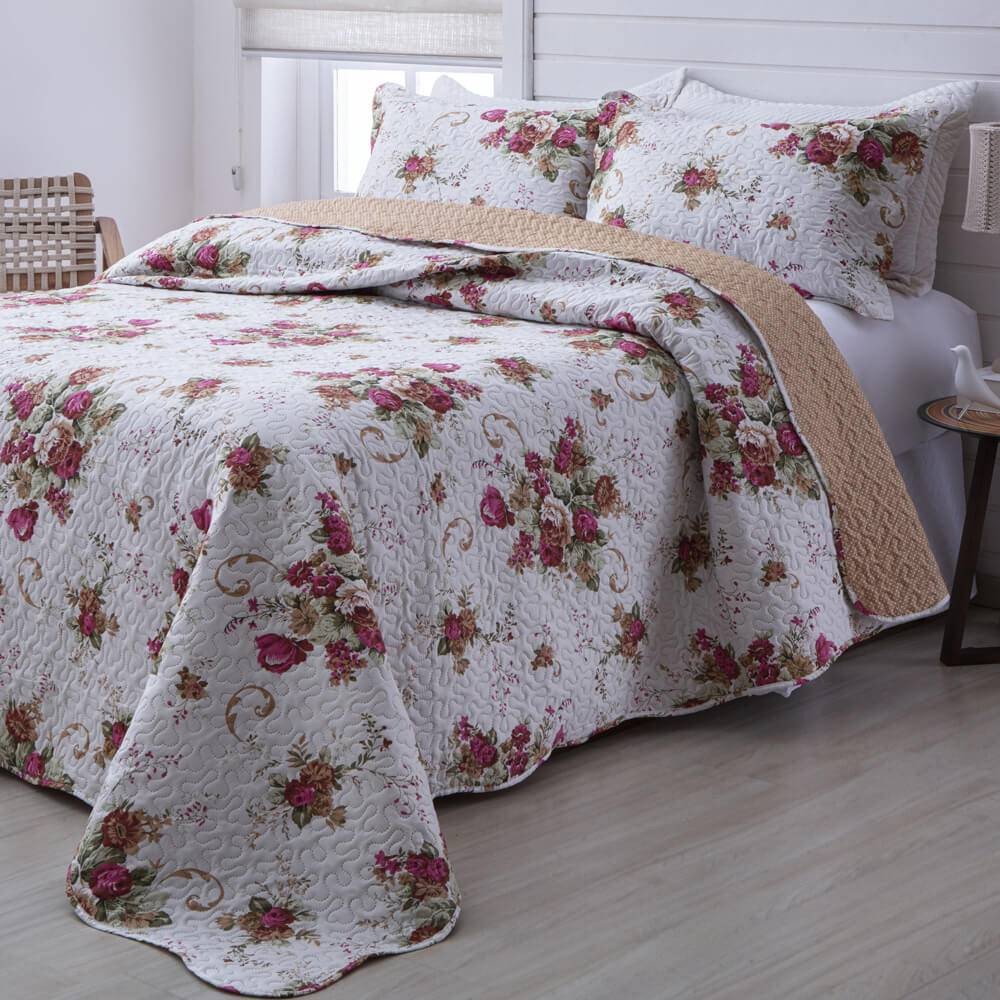 Kit  Cobre leito Casal Bouti Microfibra Ultrasonic Estampada 2,20 x 2,40 m + 2 Porta-travesseiros - Nadia