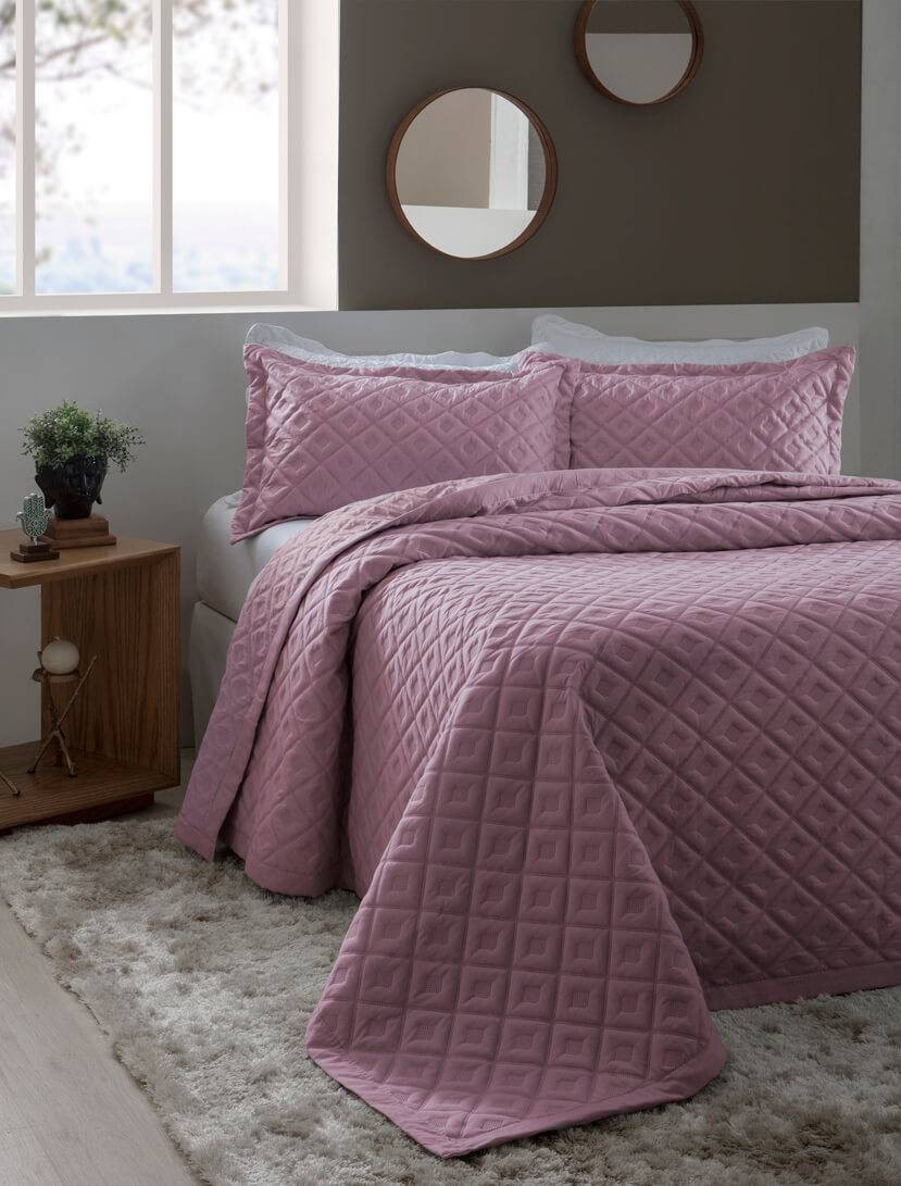 Kit 1 Colcha Queen Boutis Microfibra Ultrasonic + 2 Porta-Travesseiros Violeta