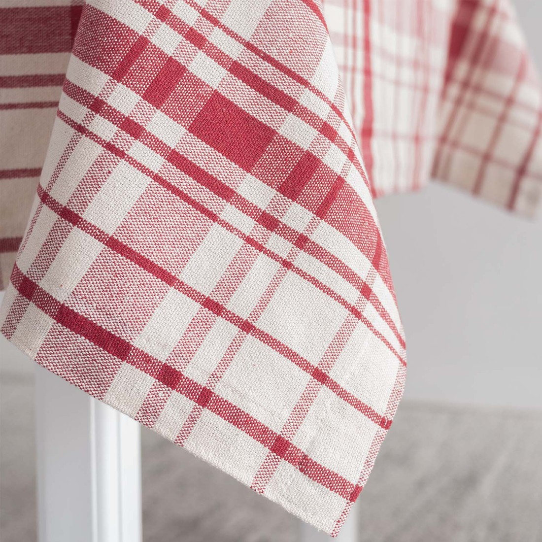 Toalha de Mesa Lisa Rustica Efeito Linho de Algodão Xadrez Vermelho 1,40x3,50