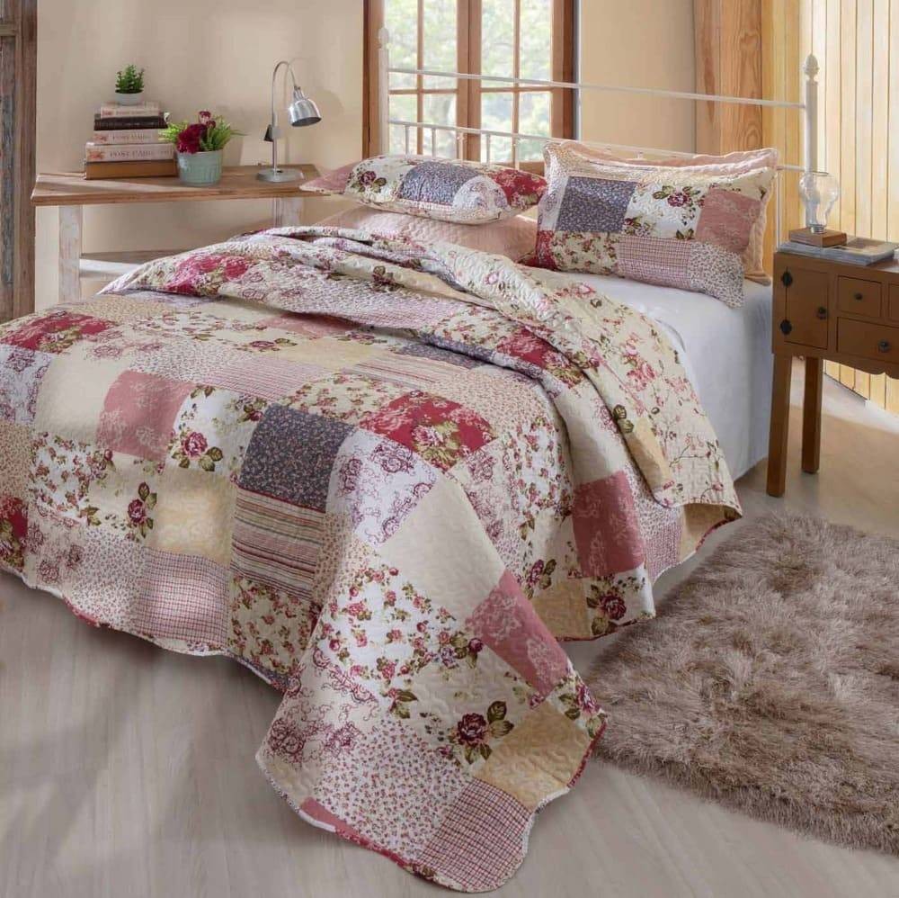 Kit 1 Cobre-leito Queen Bouti Microfibra Ultrasonic Estampada 2,40 x 2,60m + 2 Porta-travesseiros - Lorena