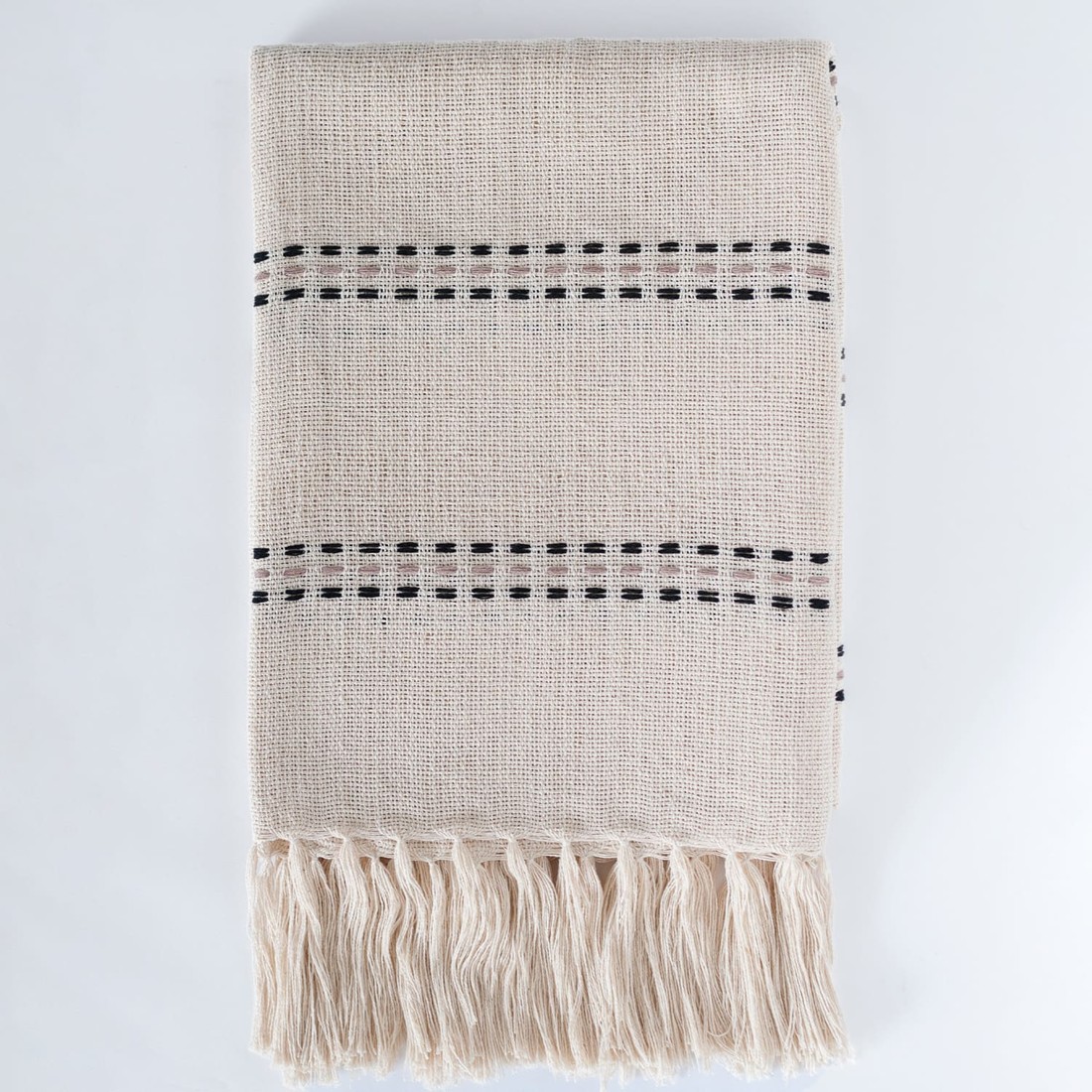 Manta De Sofá Artesanal Pérola 1,20m x 1,80m Cru listas Pretas e Rosé Manta De Sofá Artesanal Pérola 1,20m x 1,80m Cru listas Pretas e Rosé