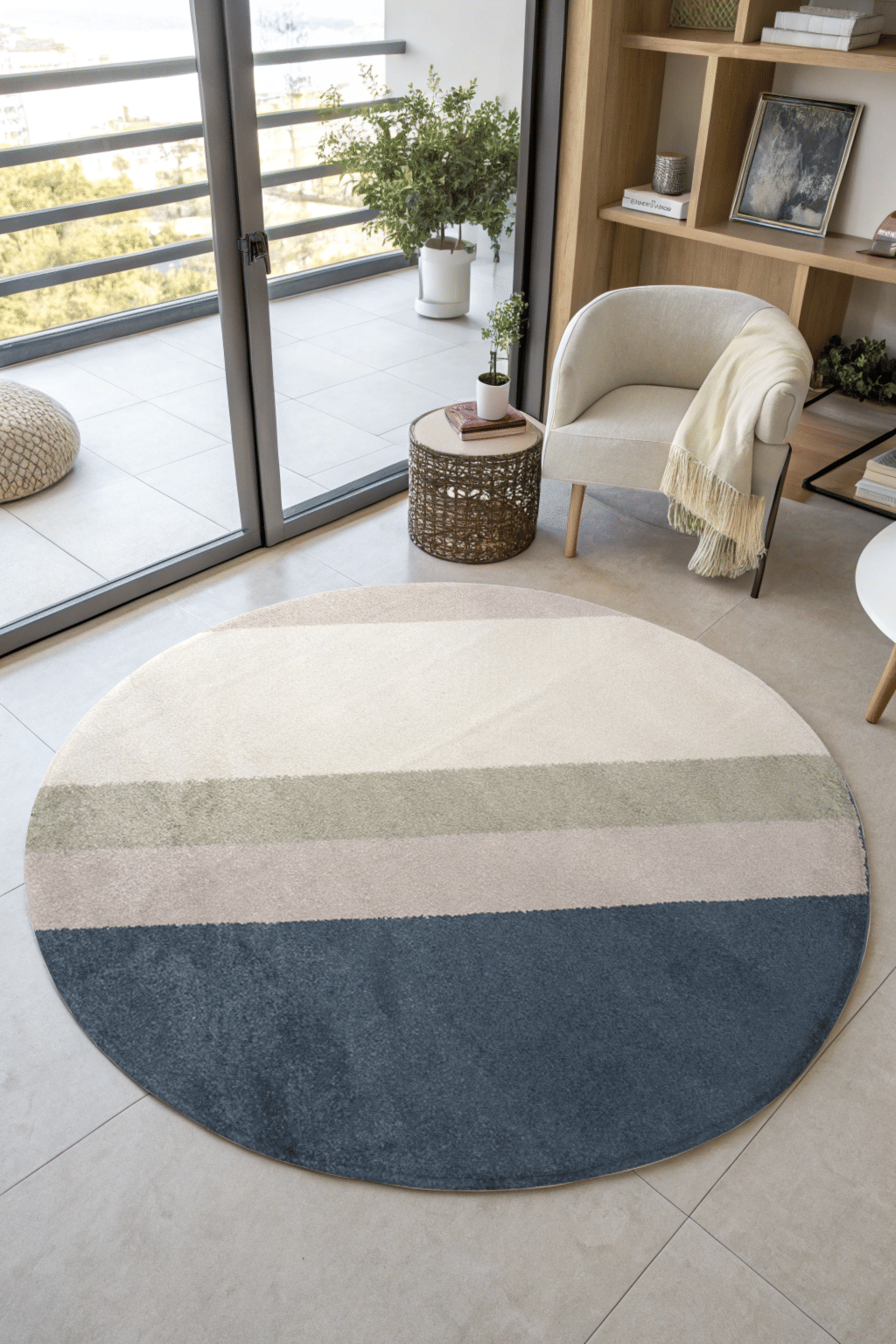 Tapete para Sala Essenciais Listrado Azul Redondo 2,0M