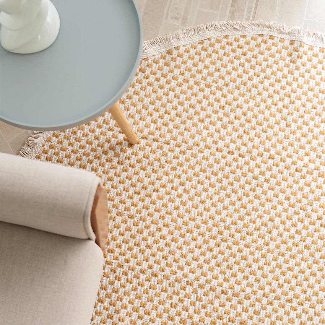 Tapete Redondo para Sala 1,50m de Algodão Contemporâneo Pilão Mostarda Tapete Redondo para Sala 1,50m de Algodão Contemporâneo Pilão Mostarda