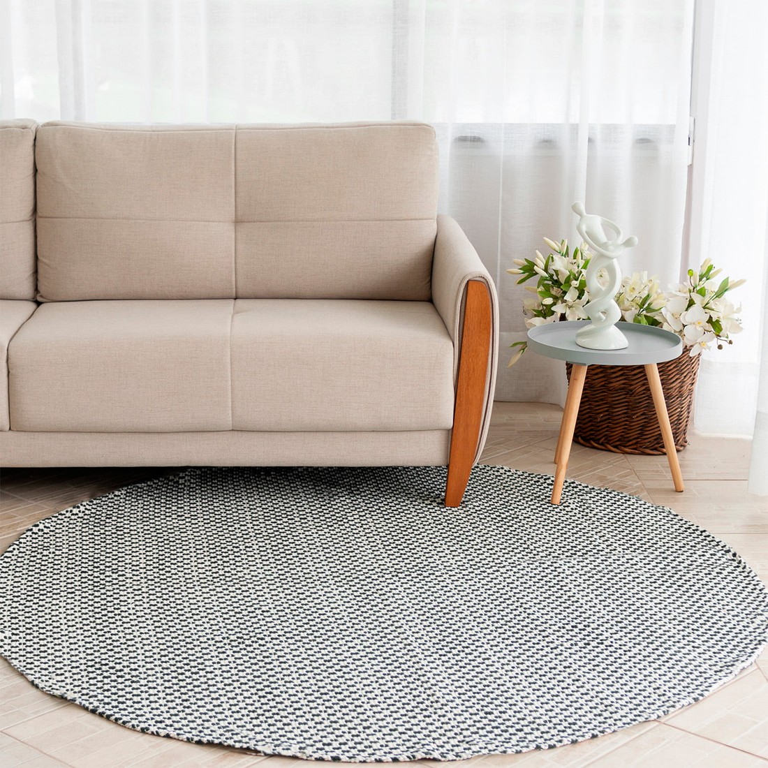 Tapete Redondo para Sala 2,00m de Algodão Contemporâneo Pilão Preto