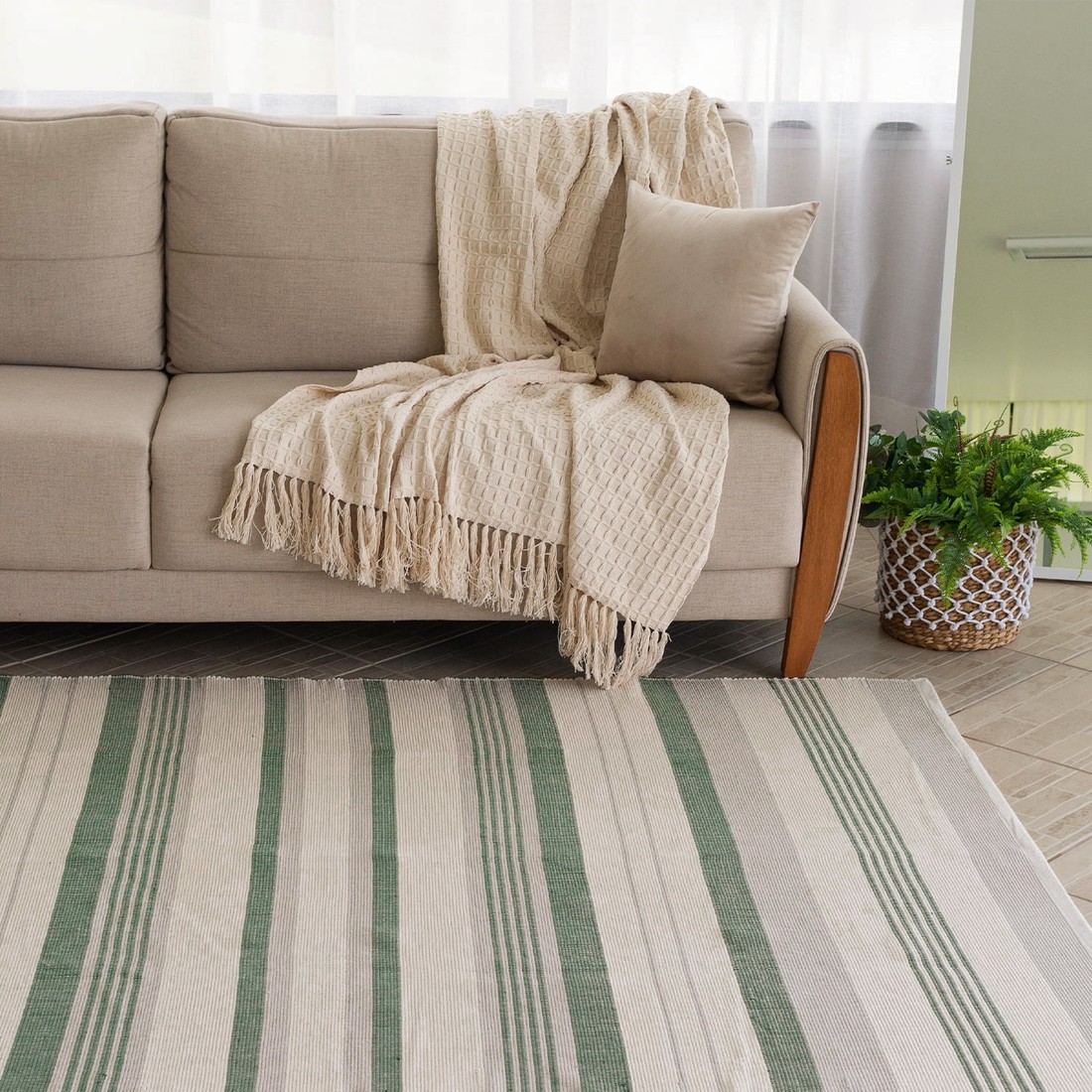 Tapete Artesanal Trama Basic para Sala Listras Verde - Edição Limitada 1,50x2,50