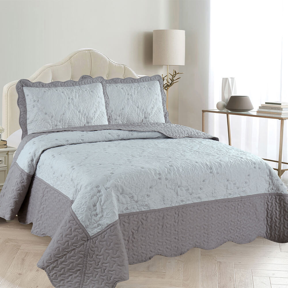 Kit Colcha Cobre Leito Queen Microfibra Dupla face com Porta-travesseiros Dessin Cinza