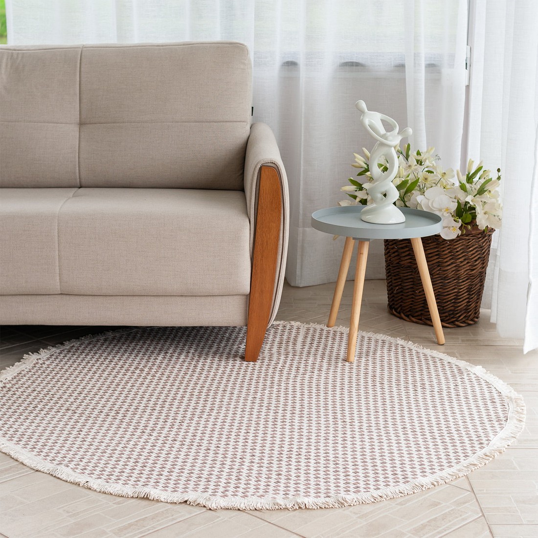 Tapete Redondo para Sala 1,50m de Algodão Contemporâneo Pilão Taupe com Bege Tapete Redondo para Sala 1,50m de Algodão Contemporâneo Pilão Taupe com Bege