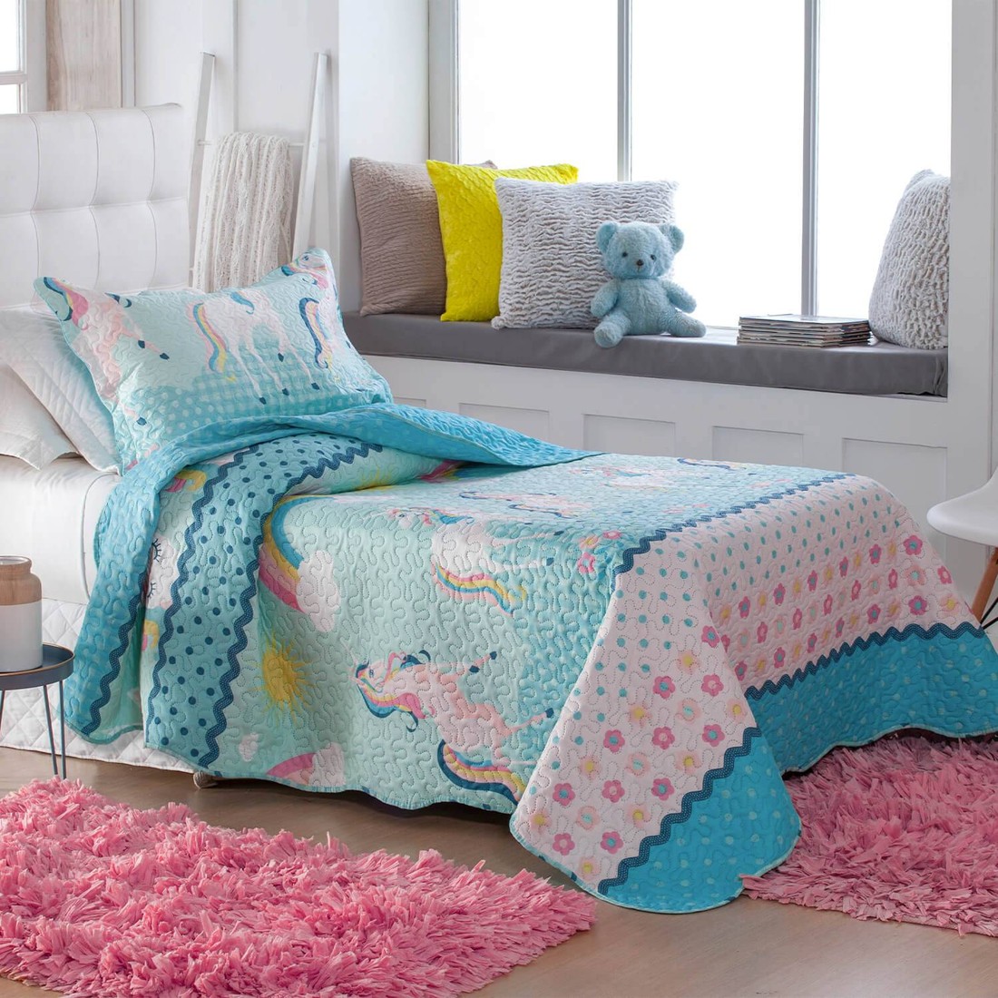 Kit 1 Cobre Leito Colcha Solteiro 2 Peças Bouti Matelassê Unicornio Infantil Kit 1 Cobre Leito Colcha Solteiro 2 Peças Bouti Matelassê Unicornio Infantil
