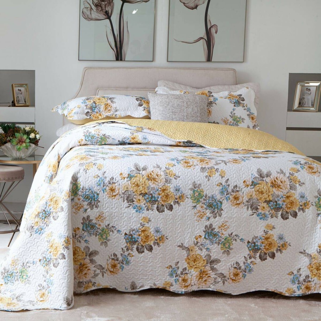 Kit 3 Peças Cobre leito Casal Bouti Microfibra Ultrasonic Estampada + 2 Porta-travesseiros - Mel