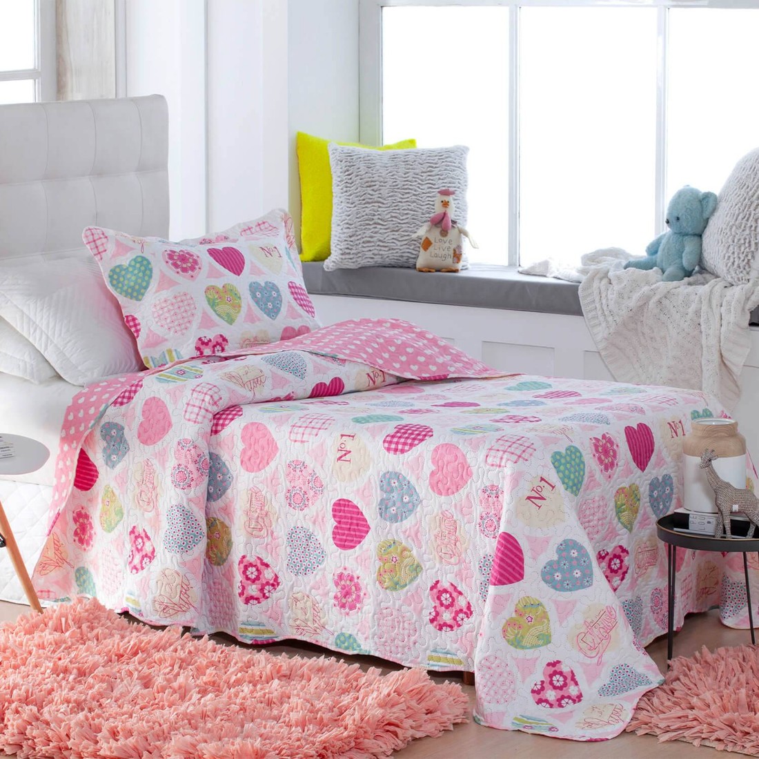 Kit 1 Cobre Leito Colcha Solteiro 2 Peças Bouti Matelassê Corações