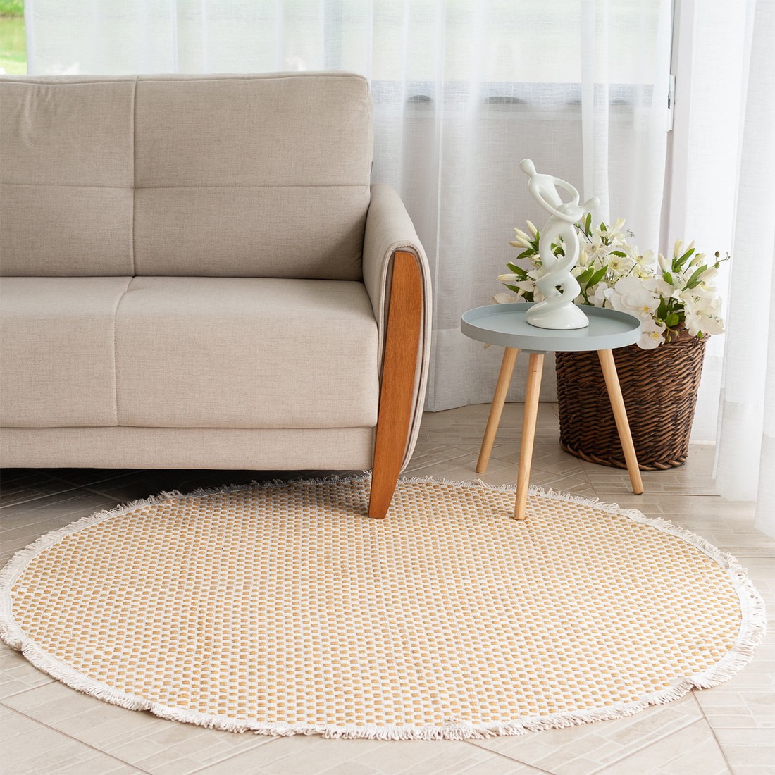 Tapete Redondo para Sala 1,50m de Algodão Contemporâneo Pilão Mostarda Tapete Redondo para Sala 1,50m de Algodão Contemporâneo Pilão Mostarda