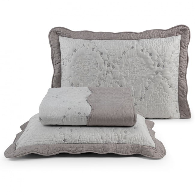 Kit Colcha Cobre Leito Queen Microfibra Dupla face com Porta-travesseiros Dessin Cinza