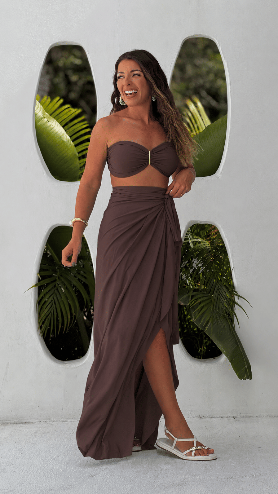 Conjunto saída 1001 formas longa & top marrom Conjunto saída 1001 formas longa & top marrom