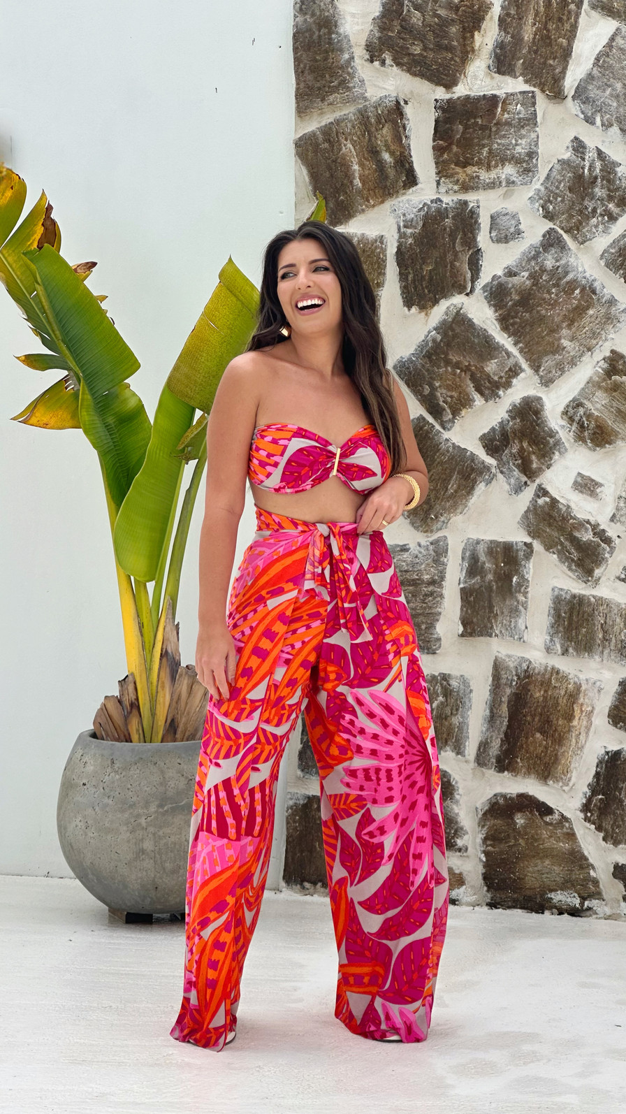 Conjunto calça macacão e top flora laranja Conjunto calça macacão e top flora laranja