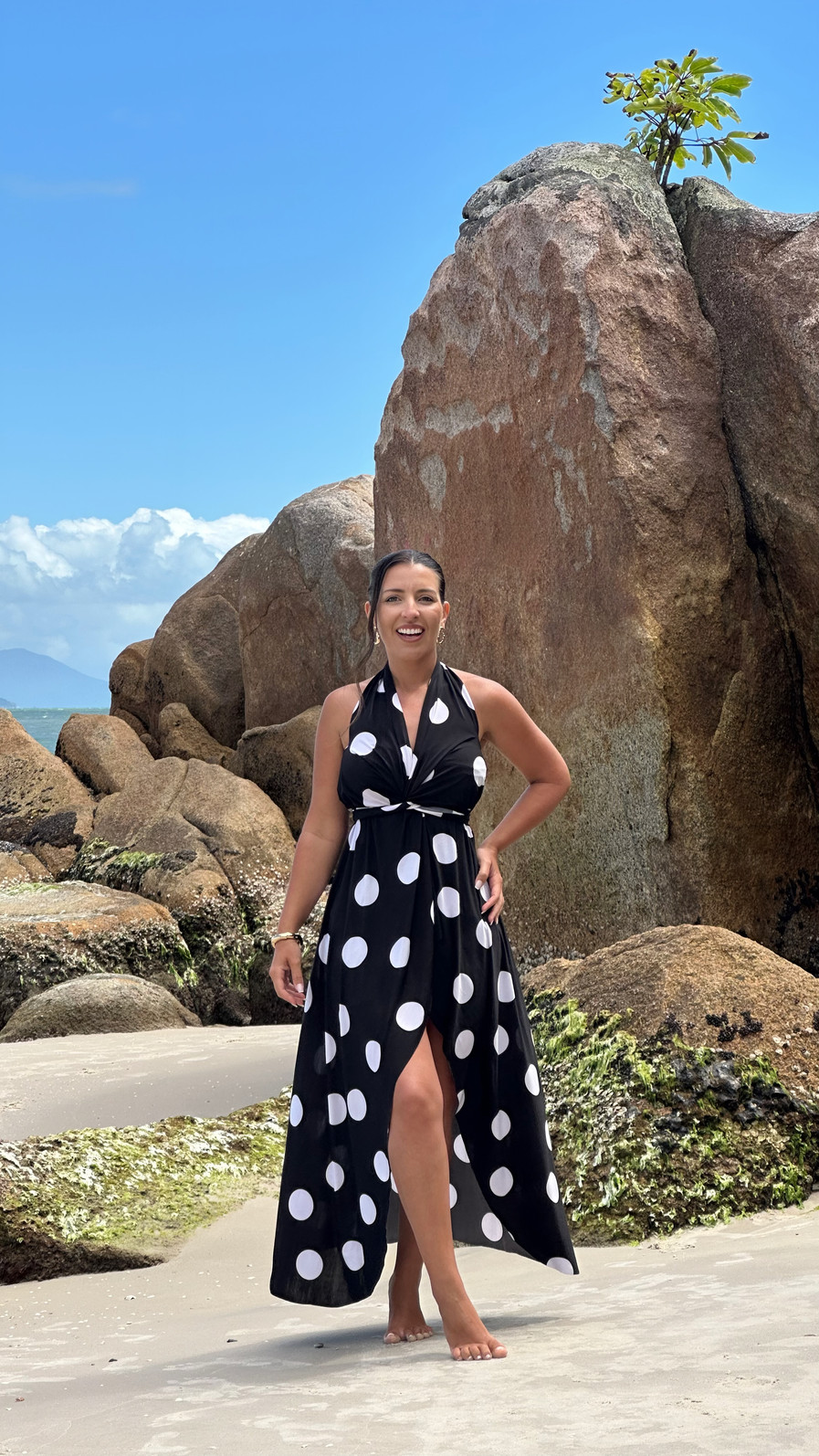 conjunto saída 1001 formas longa poá P&B conjunto saída 1001 formas longa poá P&B