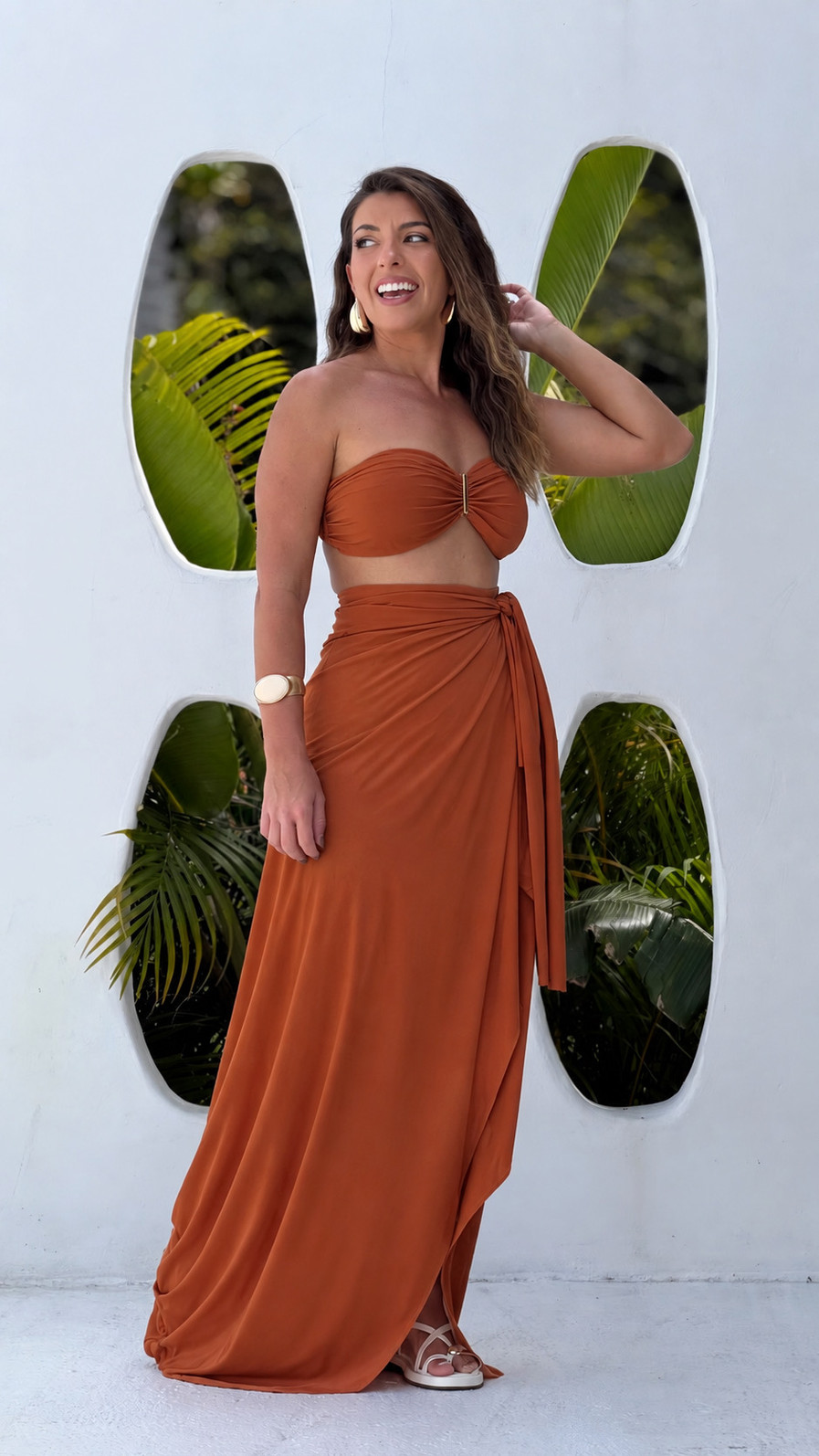 Conjunto saída 1001 formas longa & top ferrugem Conjunto saída 1001 formas longa & top ferrugem