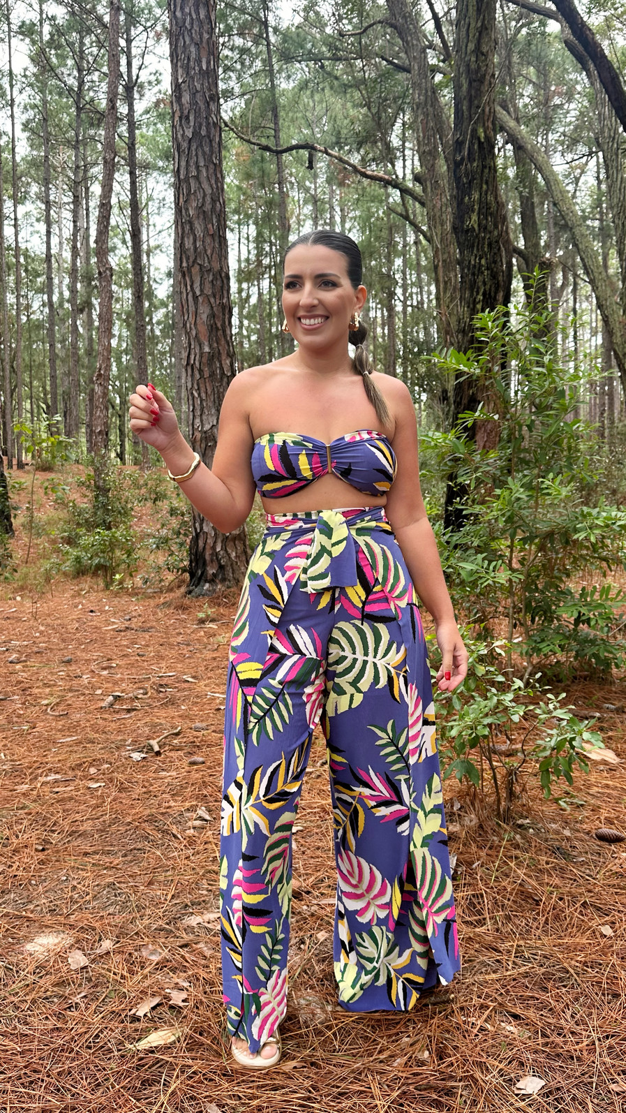 Conjunto calça macacão e top florada roxo