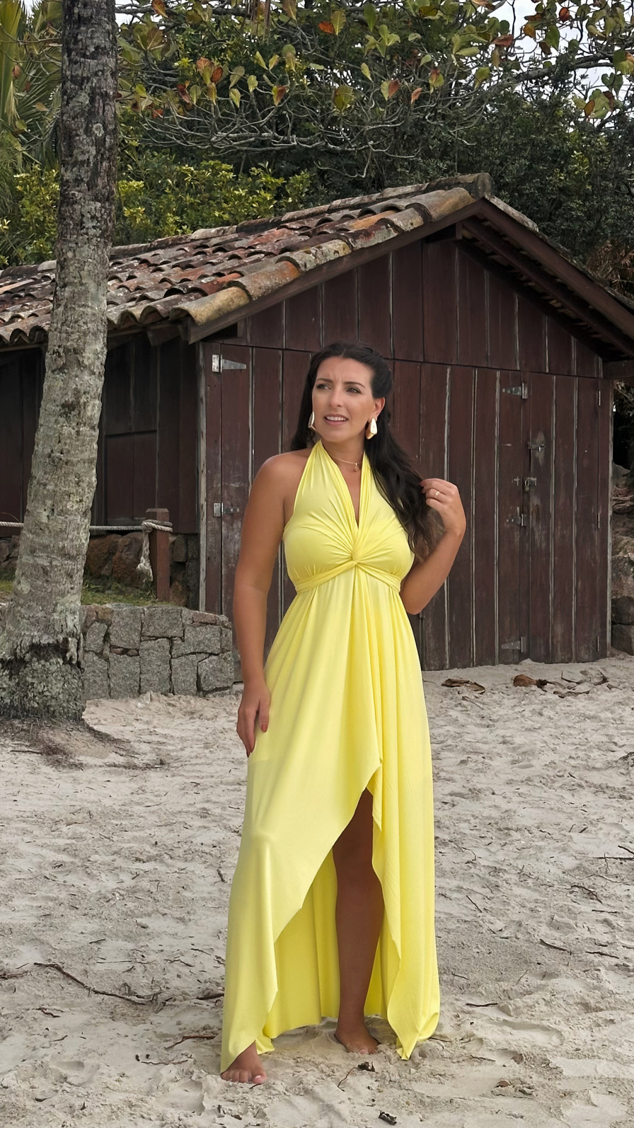 Conjunto saída 1001 formas longa & top amarelo manteiga