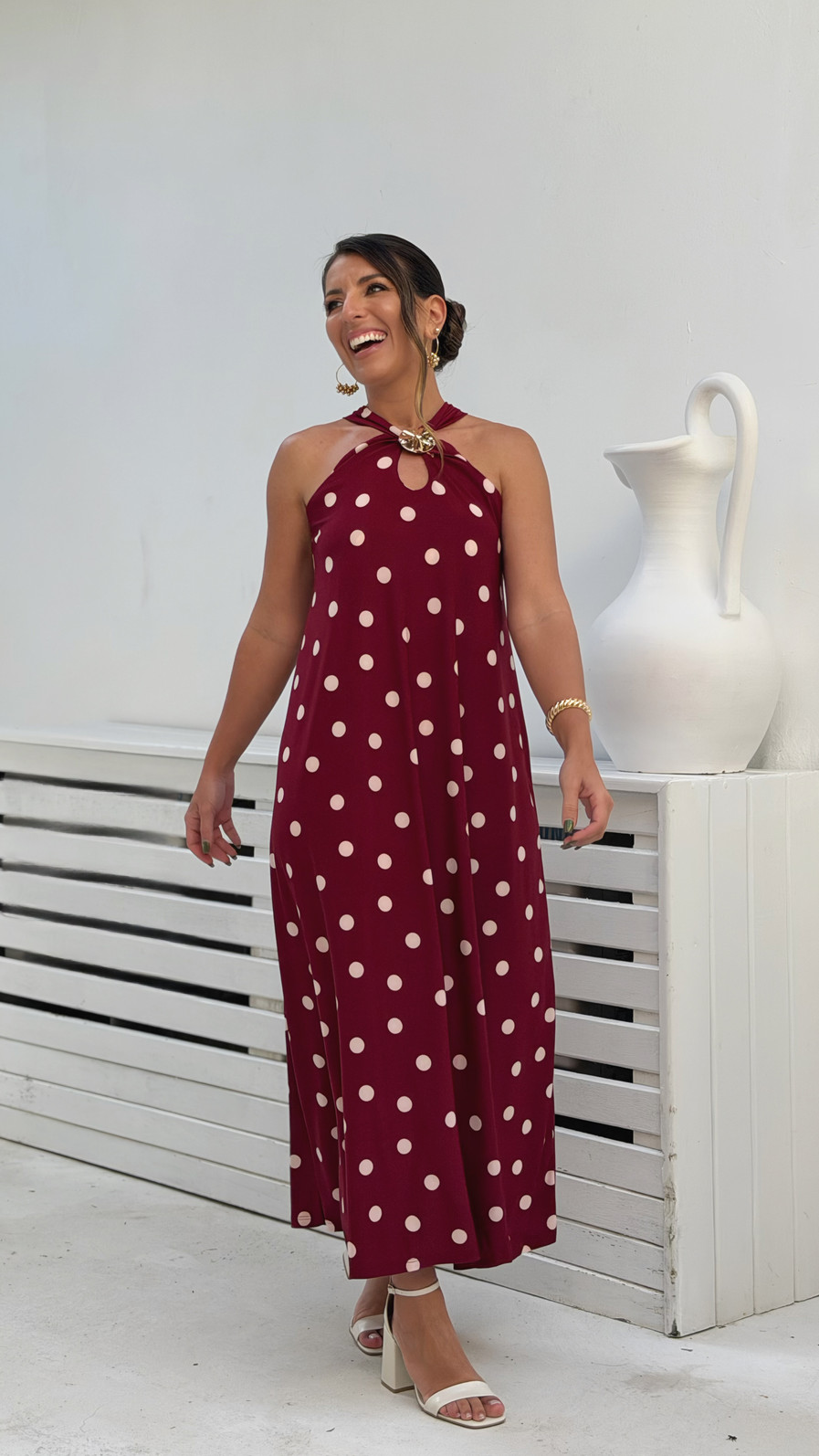 Vestido midí poá bordô Vestido midí poá bordô