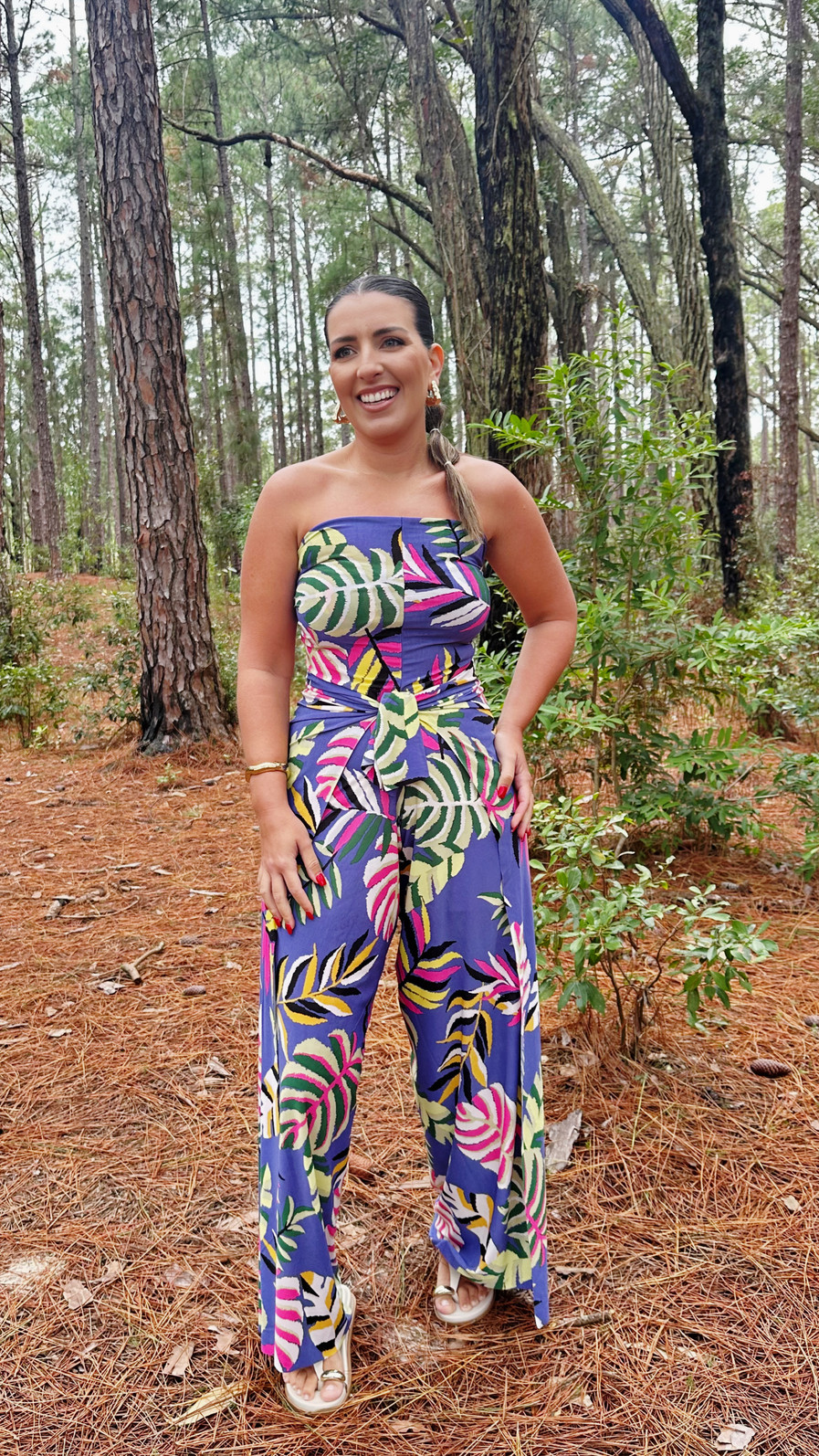 Conjunto calça macacão e top florada roxo