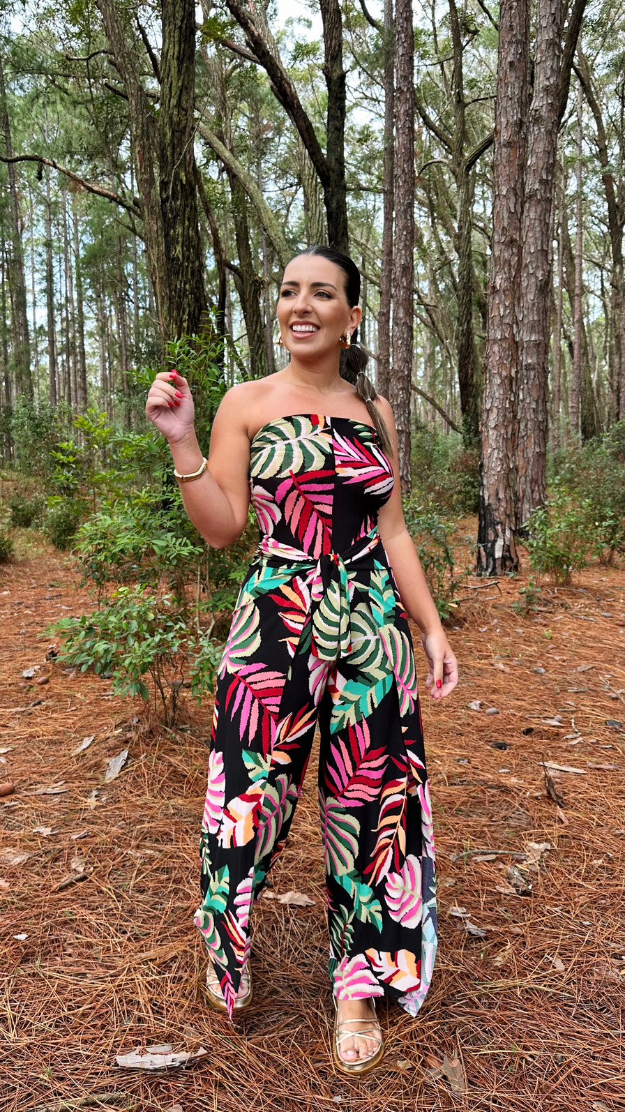 Conjunto calça macacão e top florada preto Conjunto calça macacão e top florada preto