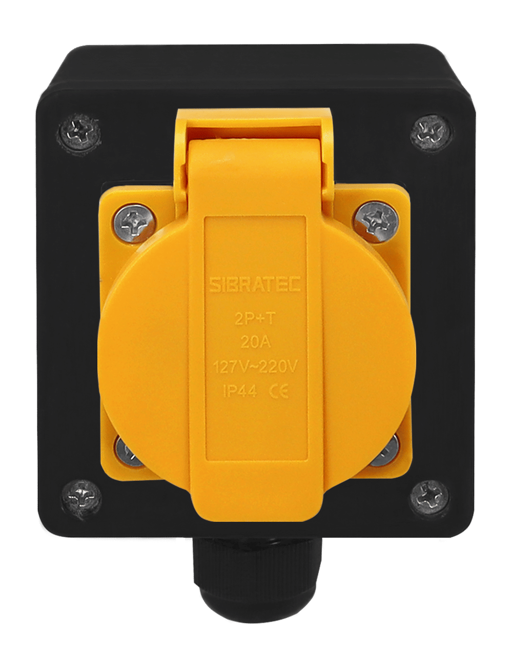 Tomada Amarela c/ Tampa e Caixa Preta 2p+t 10A e 20a Padrão Brasileiro Trilho Din