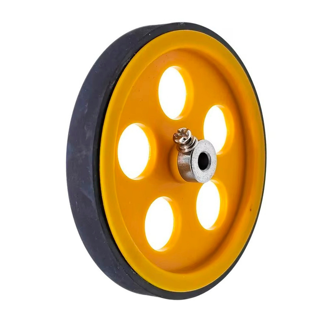 Roda Roldana de Borracha 200mm para Encoder Eixo 6mm Amarela