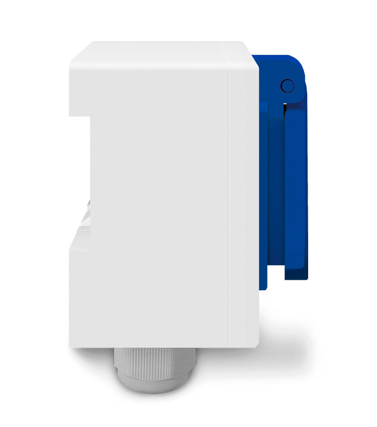 Tomada Azul c/ Tampa e Caixa Branca 2p+t 10A e 20a Padrão Brasileiro Trilho Din Tomada Azul c/ Tampa e Caixa Branca 2p+t 10A e 20a Padrão Brasileiro Trilho Din