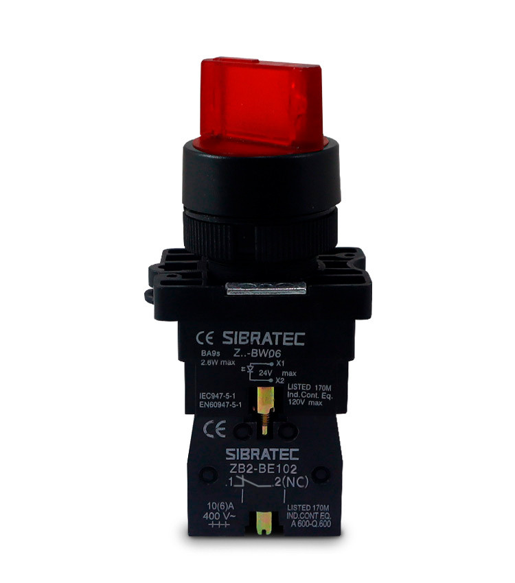 Chave Seletora Iluminada Vermelho 24V com 3 Posições 2NA Plástica 22mm - XB2-EK3465 Chave Seletora Iluminada Vermelho 24V com 3 Posições 2NA Plástica 22mm - XB2-EK3465