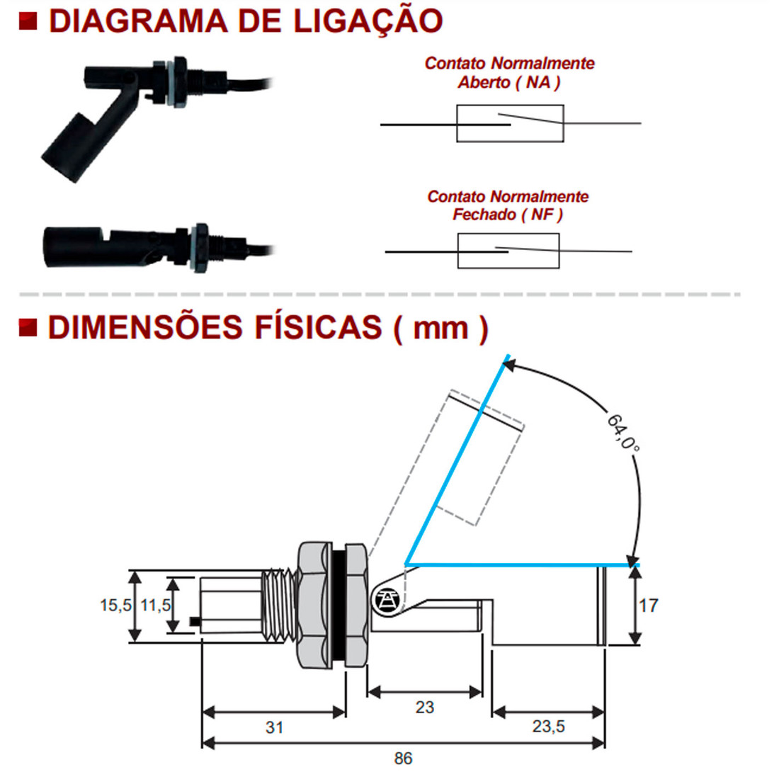 Micro Chave Boia de Nível Horizontal Cabo 30cm